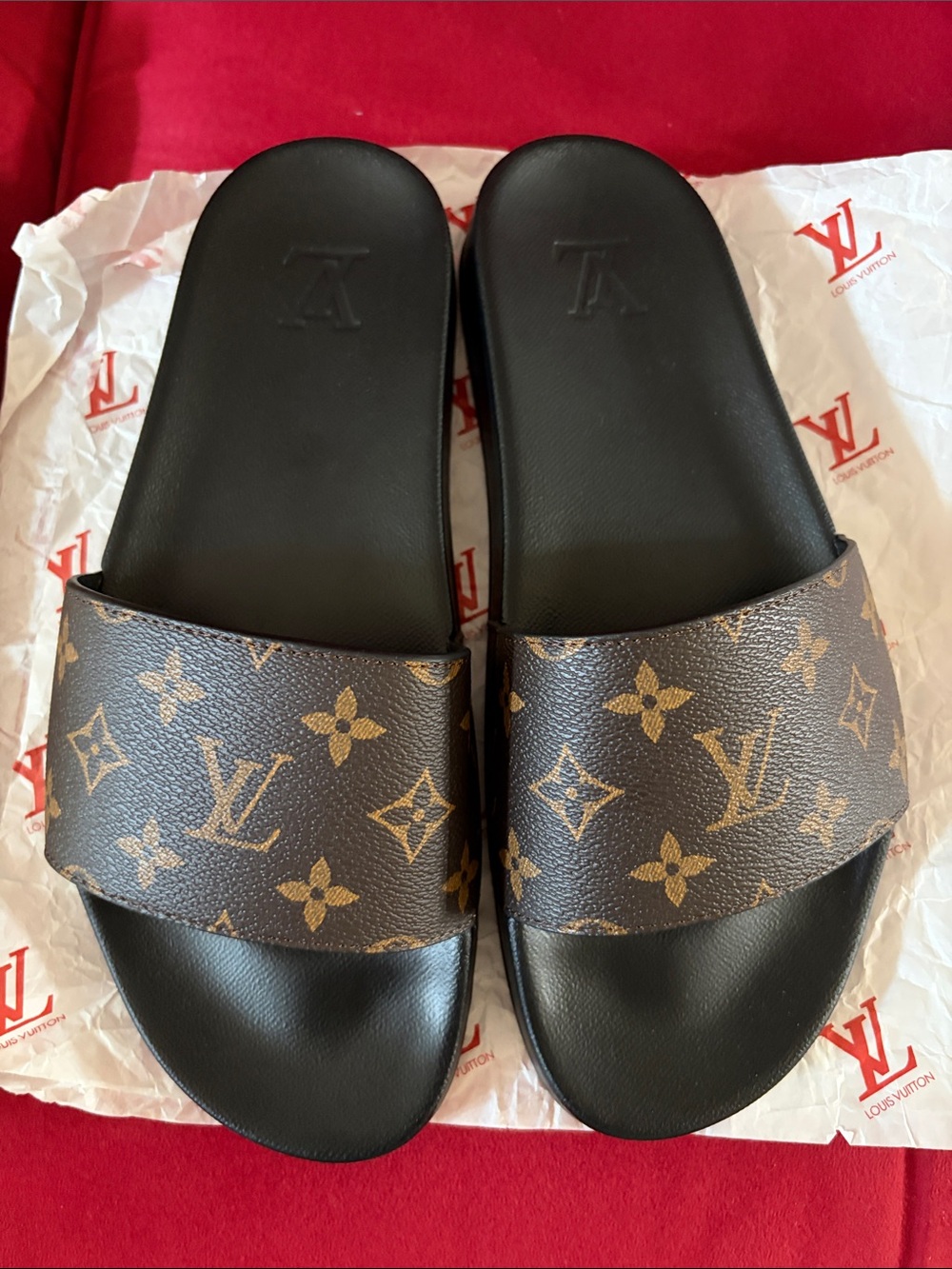 Louis Vuitton Monogram Slide Sandals in Brown & Black